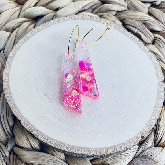 BOUTIQUE Resin Drop Earrings, Holographic Mixed Pink Chunky Glitter, Fun Hoops - Picture 4 of 11